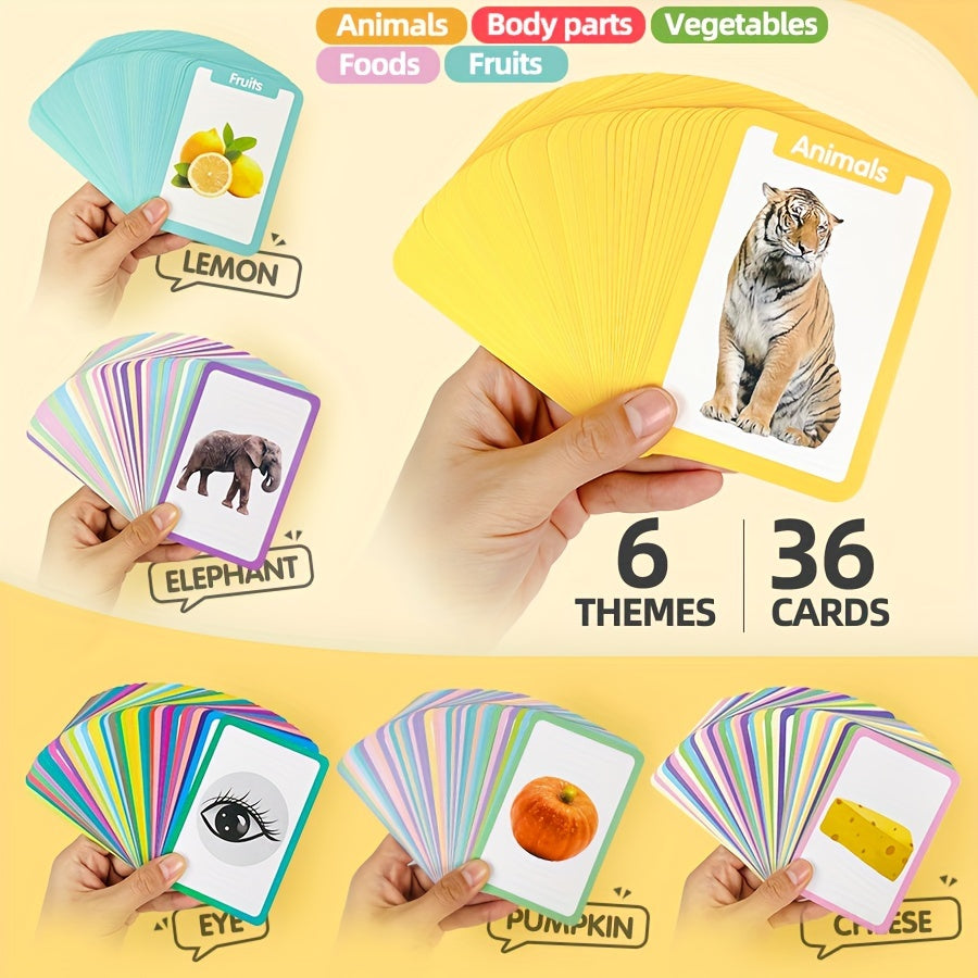 Educational flash cards for ages 3 and up - 36 bilingual double-sided cards featuring animals, fruits, vegetables, foods, shapes, and body parts - paper teaching aids in mixed colors