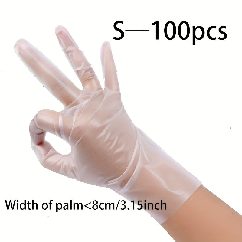 100 pieces of TPE disposable gloves, ideal for food safety, household cleaning, and various tasks like kitchen baking, beauty, hair care, and pet care. These transparent gloves are powder and latex-free, making them suitable for use in restaurants