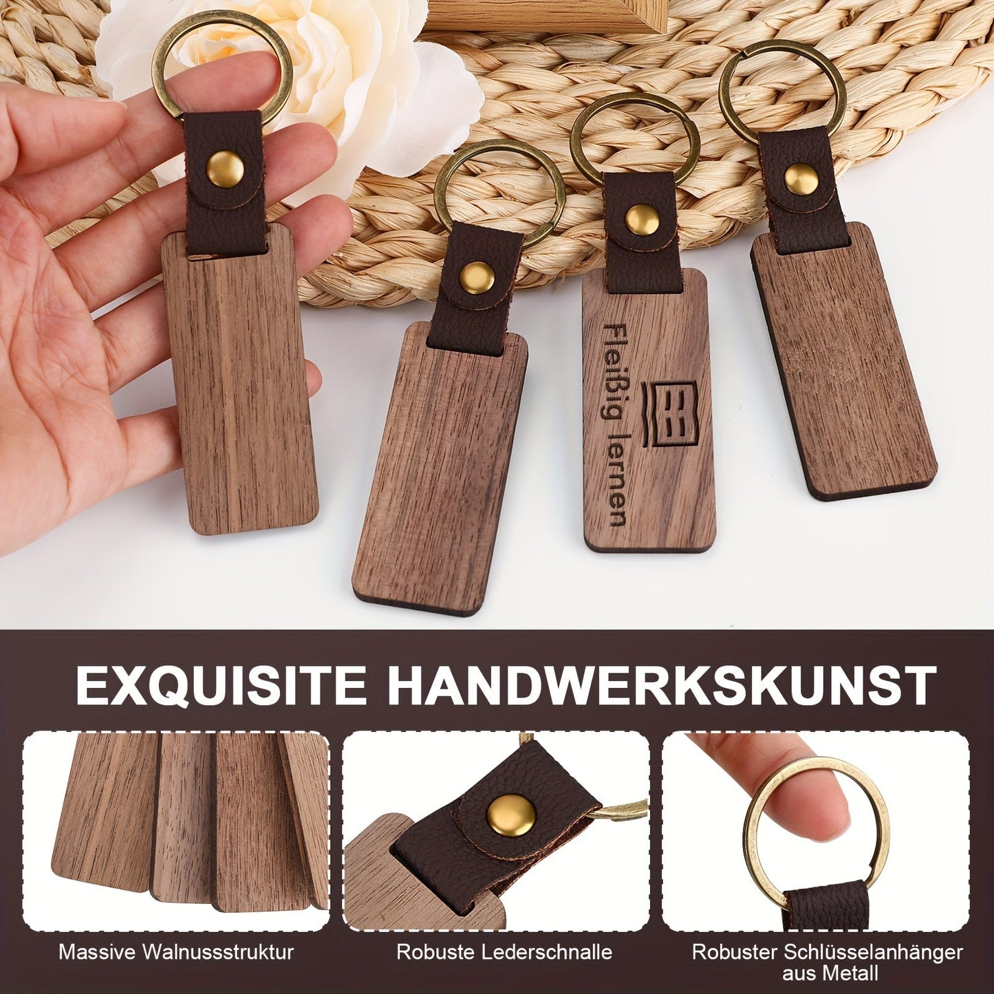 Customize your own set of 12 personalized wooden keychains with ring buckle, perfect for laser engraving. These DIY blank wood key rings are customizable for graduation, gifts, and crafts. Made with a durable walnut structure and leather strap, this