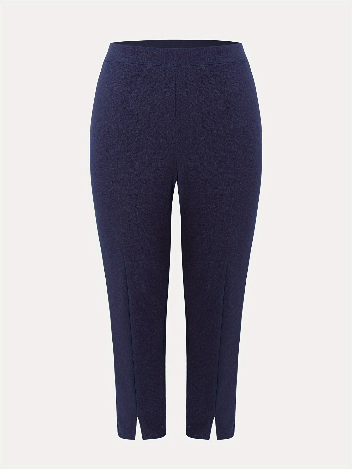 Stylish plus size high waist slim-fit pants with side slits in solid color, machine washable.