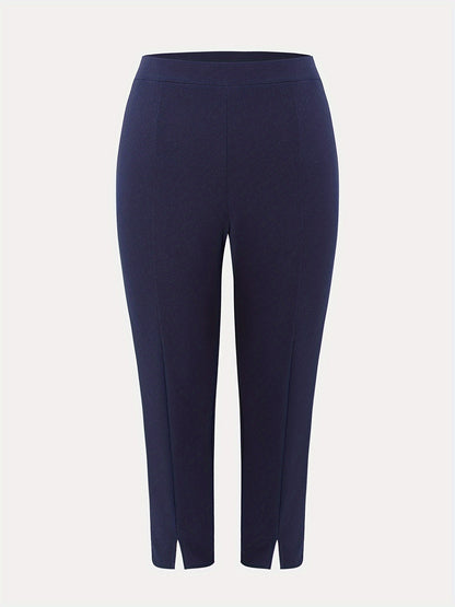 Stylish plus size high waist slim-fit pants with side slits in solid color, machine washable.