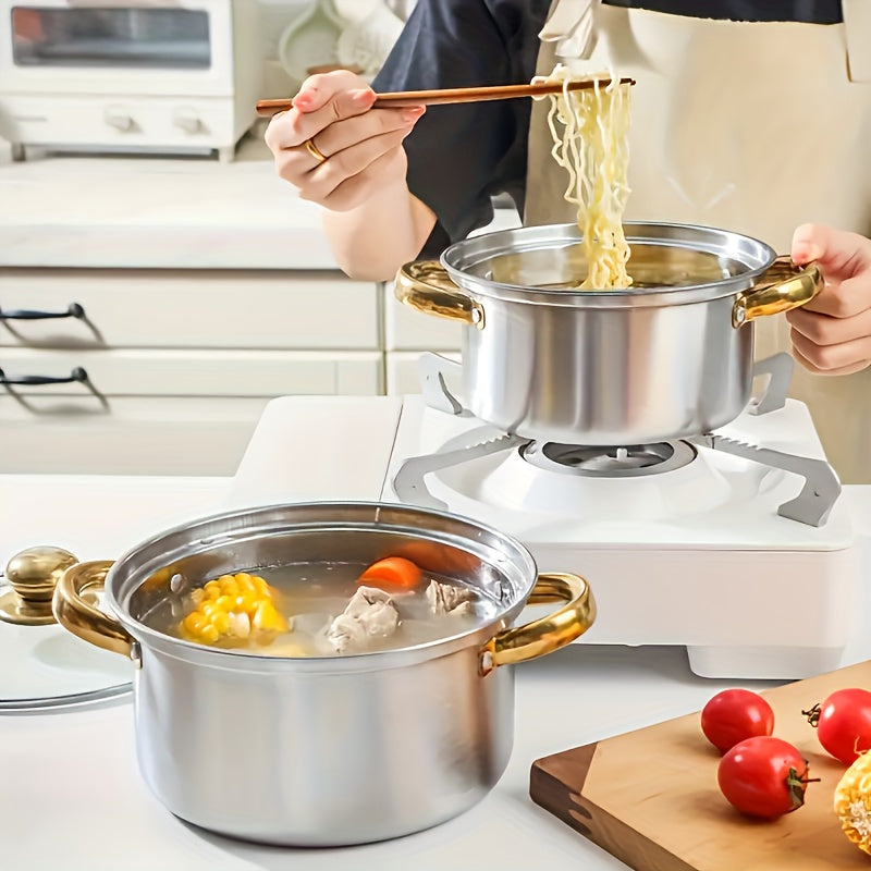 10-piece cookware set with gold-plated stainless steel double-handled soup pots for outdoor use.