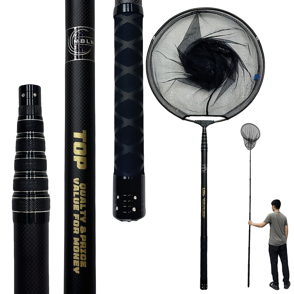 Telescopic portable net set with ultra-short design and anti-slip handle. Made with carbon cloth material pole and dense hole nylon net. Features a universal connection port and can be