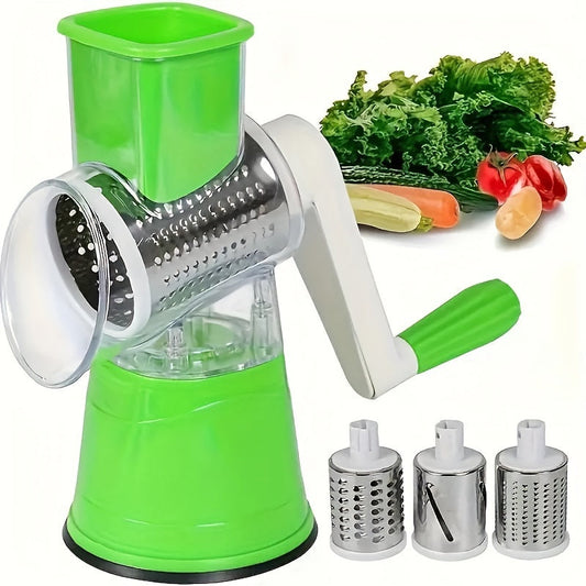 Three-in-one Manual Cheese Grater Set includes three interchangeable drums - Multipurpose Vegetable Slicer, Efficient Kitchen Tool, Sturdy Non-Slip Base, Simple to Clean, Made of Durable Plastic, Suitable for Potatoes, Fruits, and Various Ingredients.