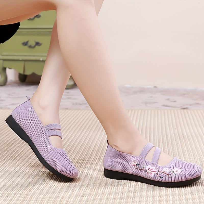 2024 Women's Summer Casual Knit Flats in Purple & Red with Soft Sole & Embroidered Floral Design, Lightweight & Comfortable Textile Footwear