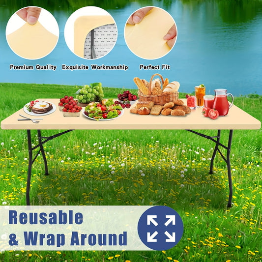 Polyester half pack stretch table cover for Christmas parties, suitable for indoor and outdoor use.