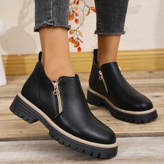 Women's Classic British Style Ankle Boots in Solid Black PU, Comfortable All-Season Fashion with Round Toe, Low Platform Heel, Dual Zipper, Breathable Casual Shoes with Durable TPR Sole and