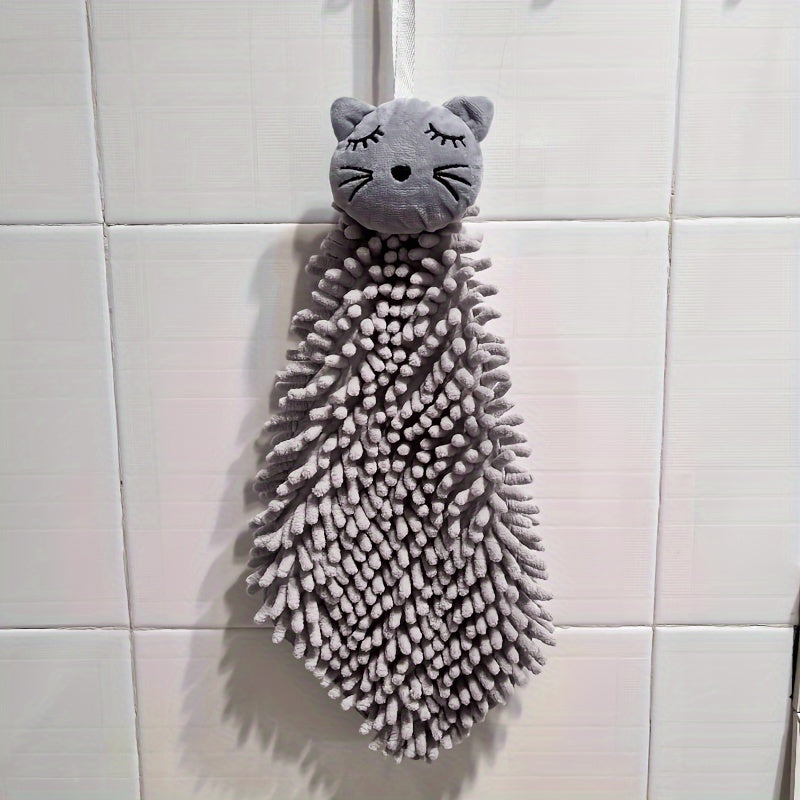 Chenille hanging towel with quick-dry, cute cartoon design and loop for bathroom.