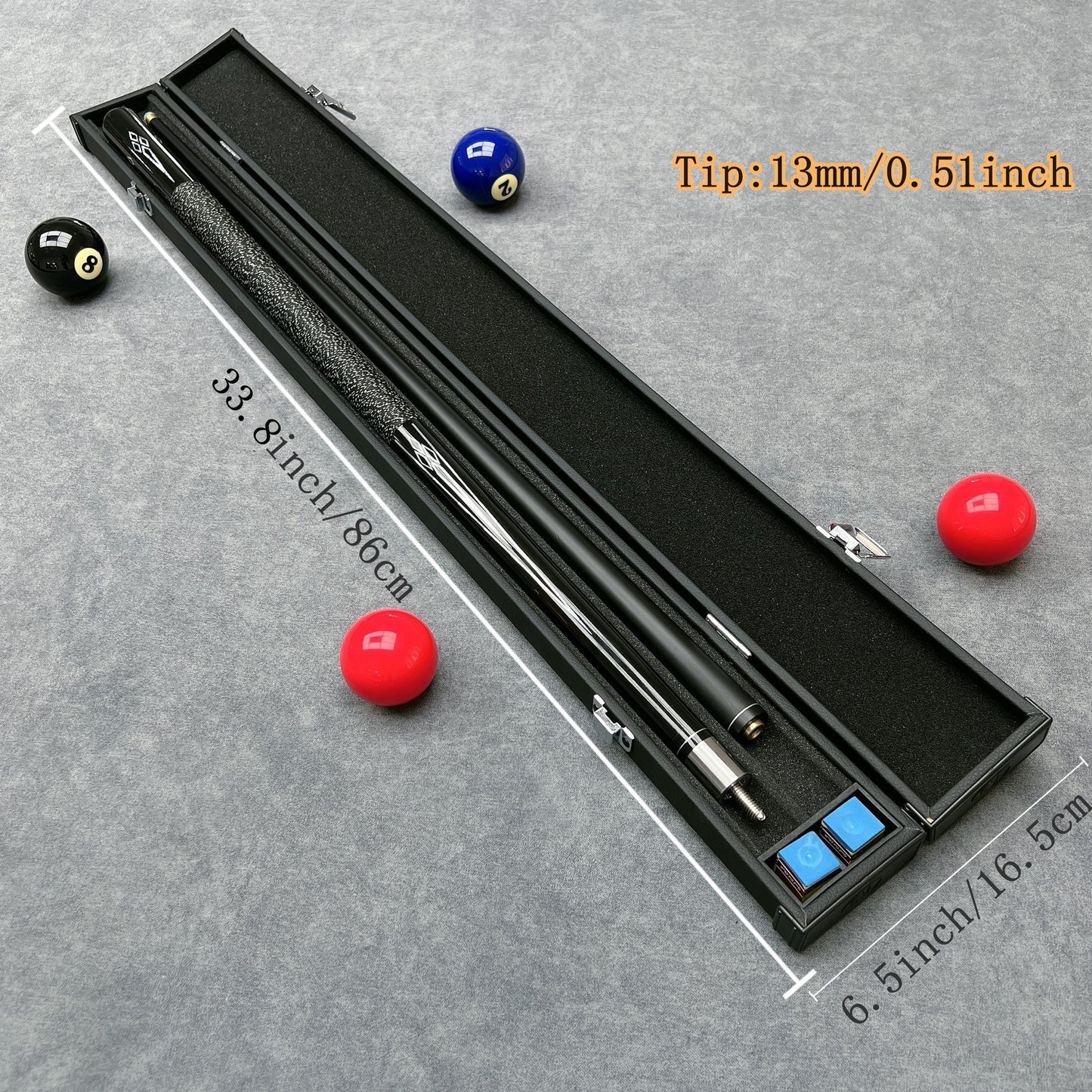 Billiard Cue Set includes 1 premium cue, 1 high-quality cue box, and 2 pieces of gun powder. The cue features a carbon forearm, non-slip line grip, and excellent hitting effect. Length