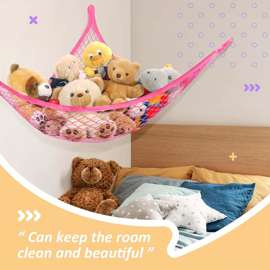 Easy-to-hang corner organizer for doll collections, features anchors and hooks for large stuffed animals and plush toys net hammock.