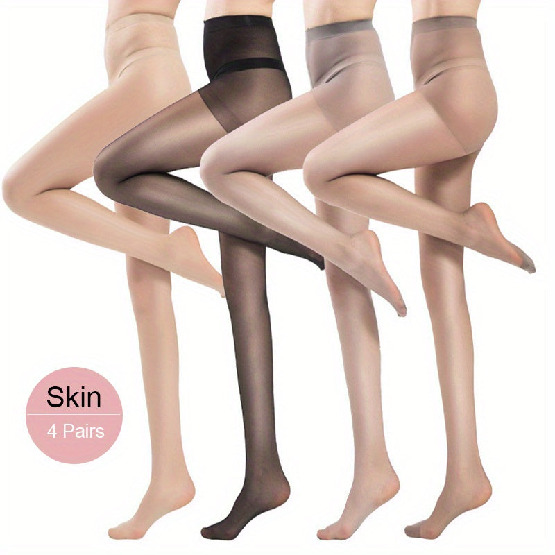 4-pack of ultra thin sheer pantyhose with high waist and slim fit for women.