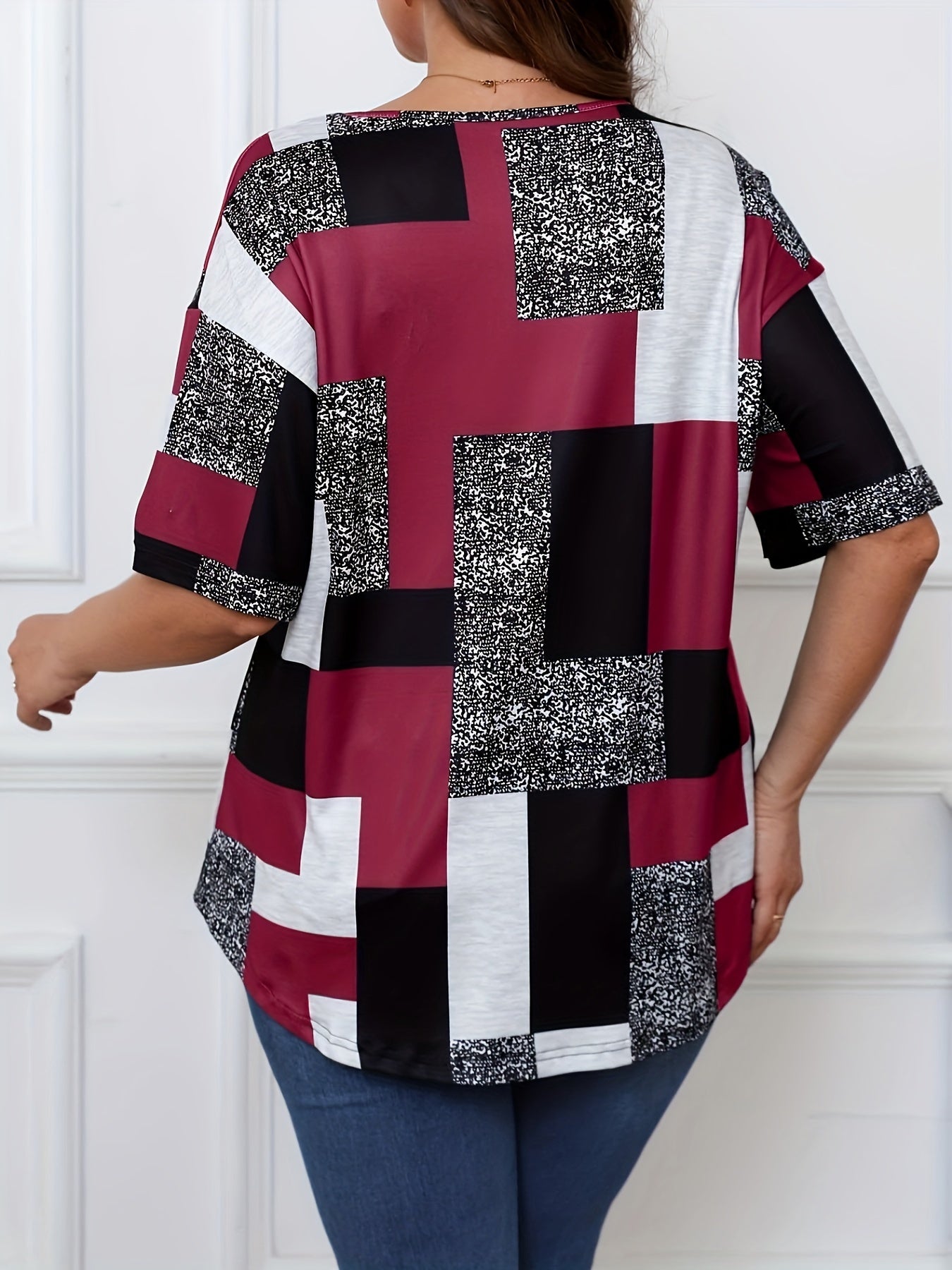 Patchwork print tee for plus size women, perfect for spring and summer.