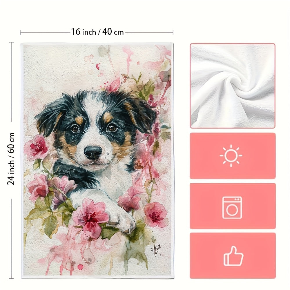 Two pieces of ultra soft kitchen towels featuring an adorable puppy and pink roses design. These towels are highly absorbent and quick-dry, making them perfect for Valentine's Day decor. They are machine washable and measure 40.64x60.96 cm.