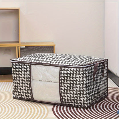 Lightweight portable storage bag with houndstooth window design, large-capacity wardrobe organizer for travel and clothing essentials.