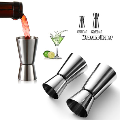 Stainless steel measuring cup, cocktail shaker, and jigger - perfect for bartending and kitchen use.