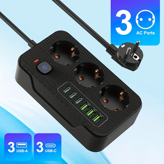 Multipurpose socket with 3 power outlets (3 USB-A, 3 TYPE-C) and automatic short circuit protection. Ideal for use in various locations such as home, office, kitchen, computer desk, and