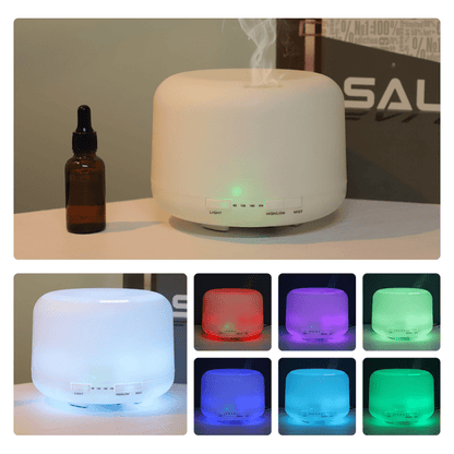 Aromatherapy humidifier with remote control and LED light, enhances mood and health with essential oils.