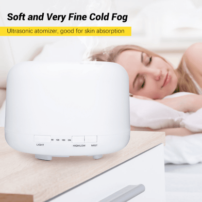 Aromatherapy humidifier with remote control and LED light, enhances mood and health with essential oils.