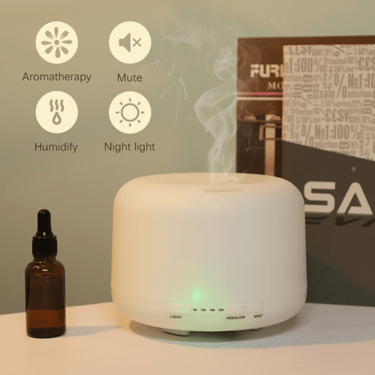 Aromatherapy humidifier with remote control and LED light, enhances mood and health with essential oils.