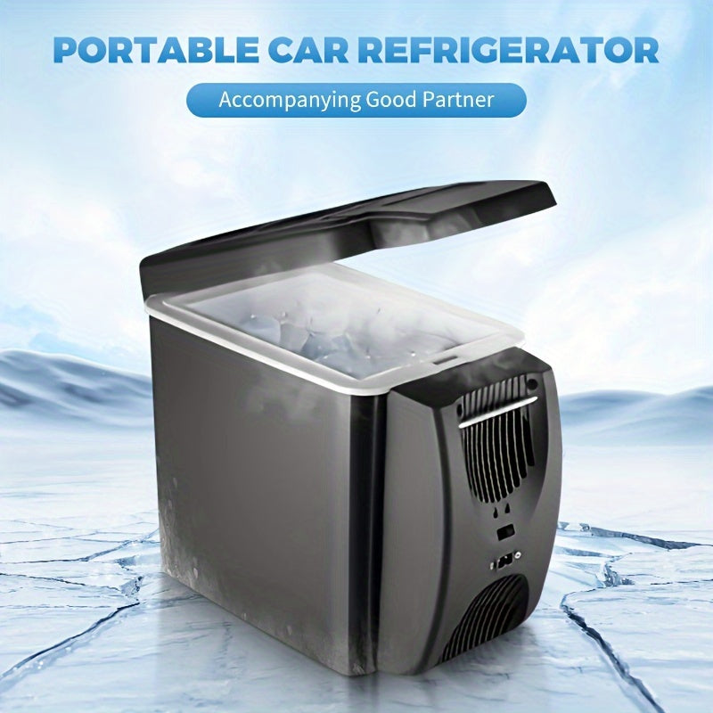 6L Portable Car Refrigerator with Semiconductor Technology, Countertop Mount, for Beverages, Seafood, Fruits, Travel. Operates on DC 12V with car plug power.