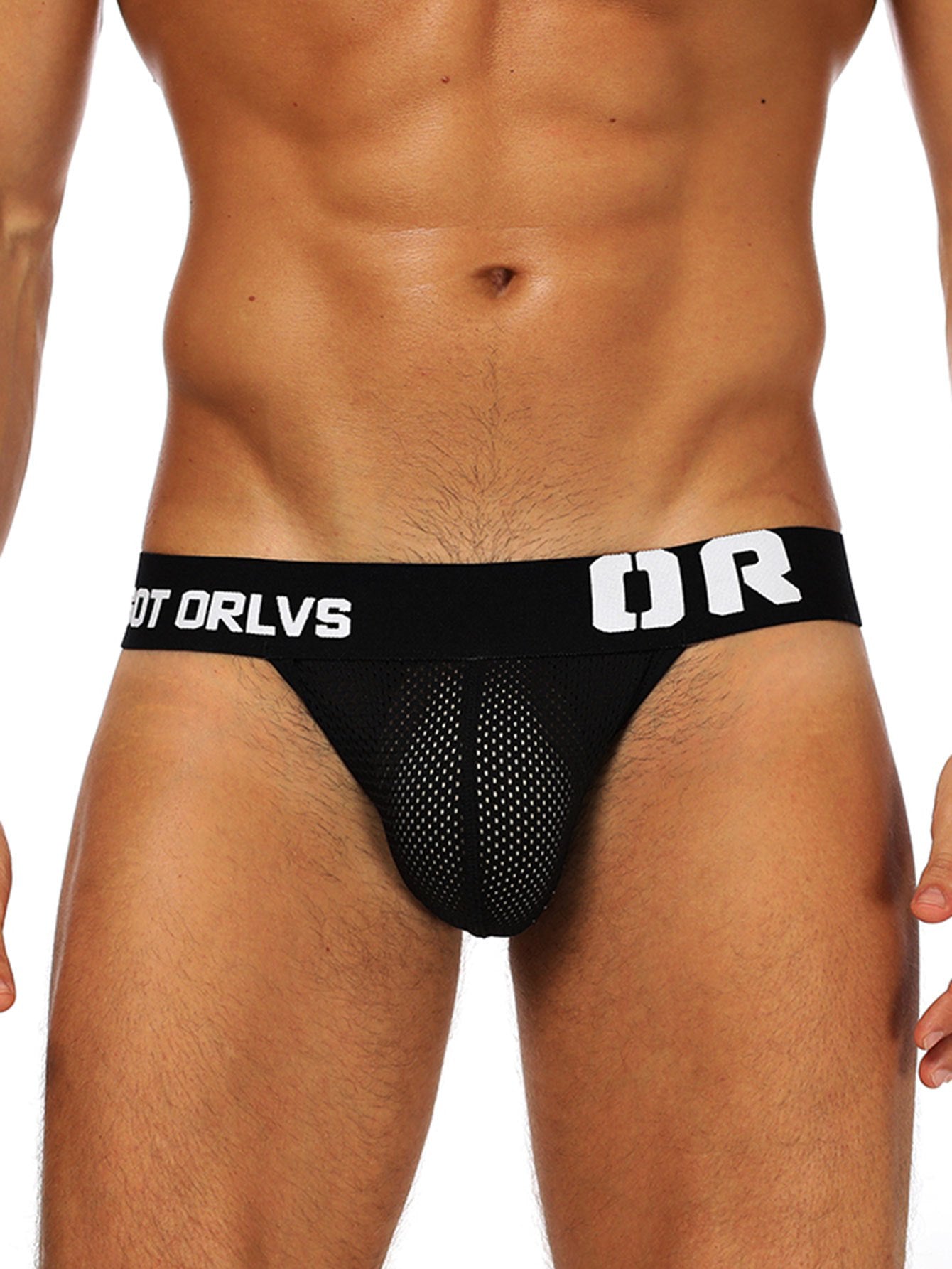 1pc ORLVS Men's Low-Rise Black Jockstrap with Mesh Detail - Breathable Nylon Blend - Hand-Washable - Athletic Supporter