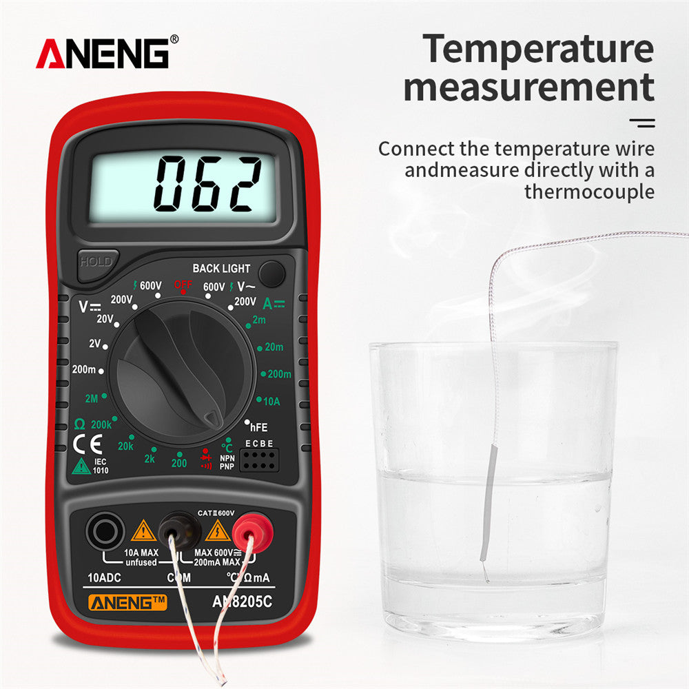 AN8205C Portable Digital Multimeter with backlight and AC/DC ammeter, voltmeter, ohmmeter, and thermocouple.