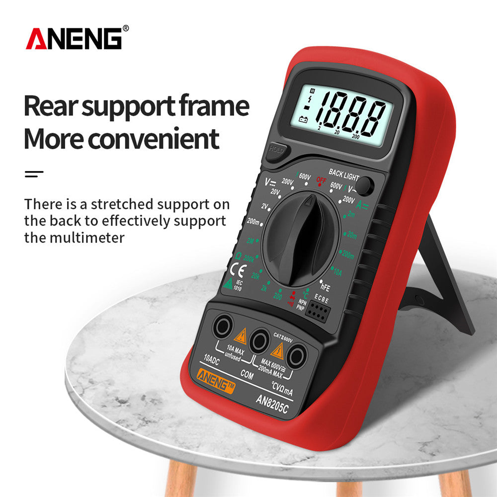 AN8205C Portable Digital Multimeter with backlight and AC/DC ammeter, voltmeter, ohmmeter, and thermocouple.