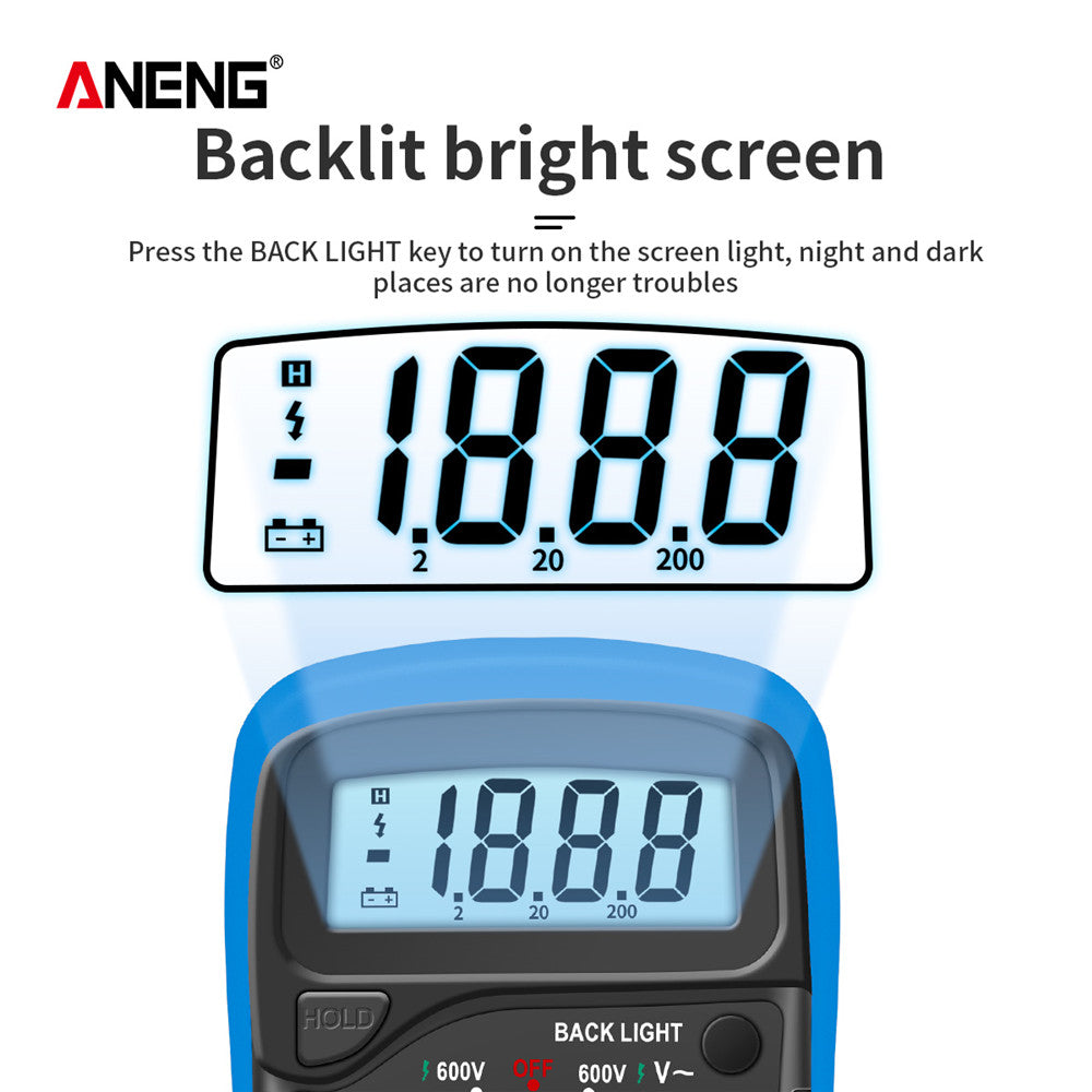 AN8205C Portable Digital Multimeter with backlight and AC/DC ammeter, voltmeter, ohmmeter, and thermocouple.