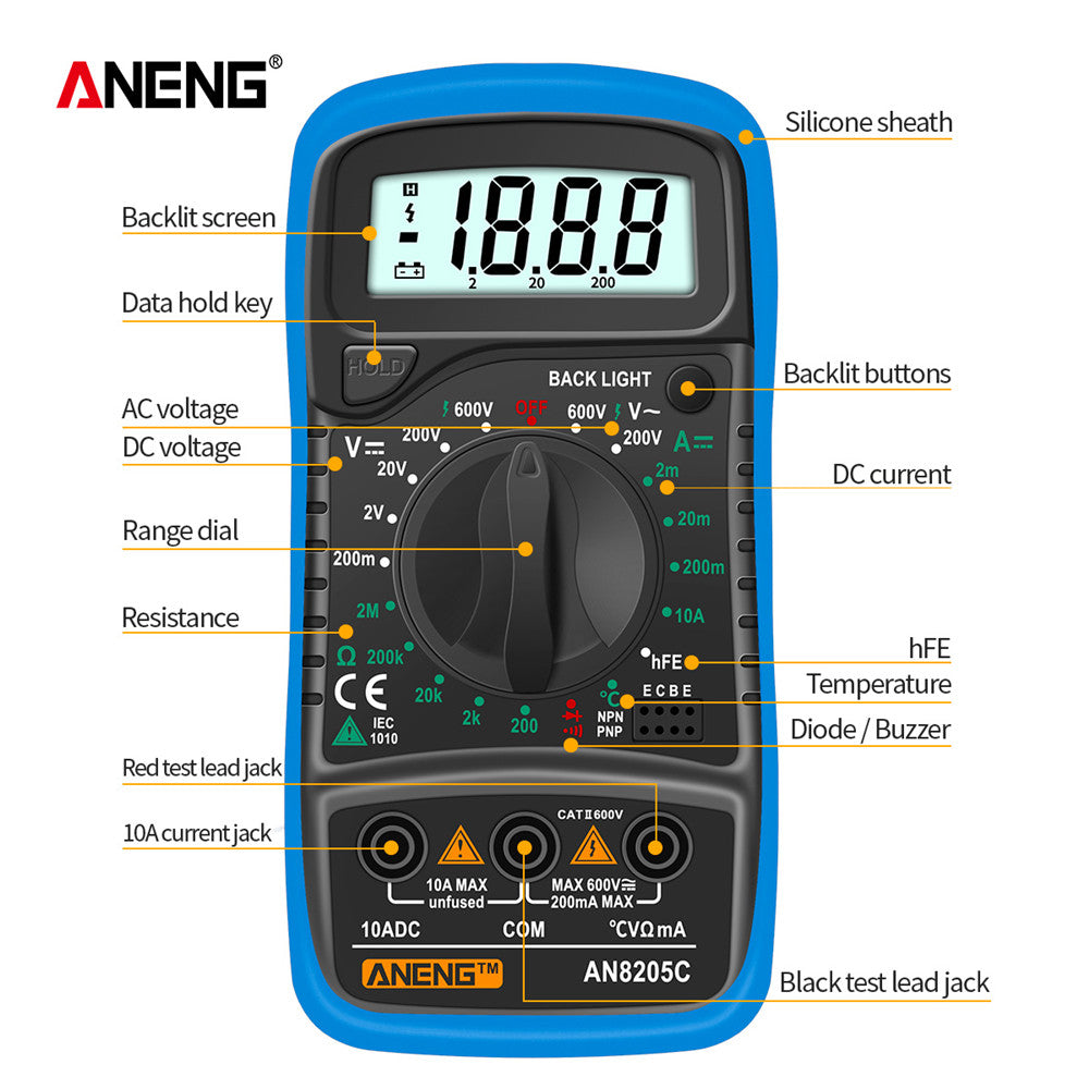 AN8205C Portable Digital Multimeter with backlight and AC/DC ammeter, voltmeter, ohmmeter, and thermocouple.