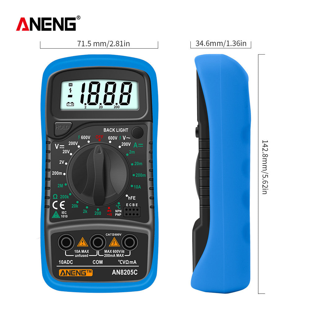 AN8205C Portable Digital Multimeter with backlight and AC/DC ammeter, voltmeter, ohmmeter, and thermocouple.