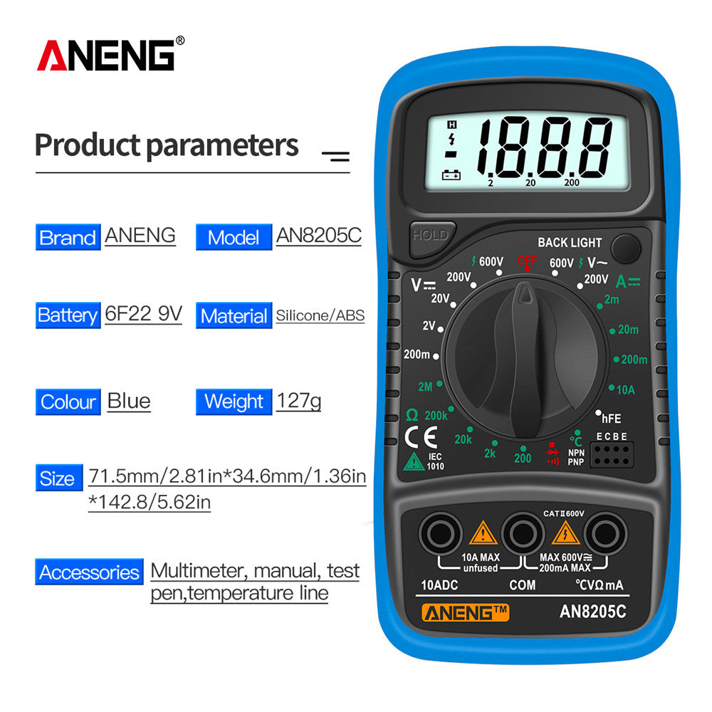 AN8205C Portable Digital Multimeter with backlight and AC/DC ammeter, voltmeter, ohmmeter, and thermocouple.