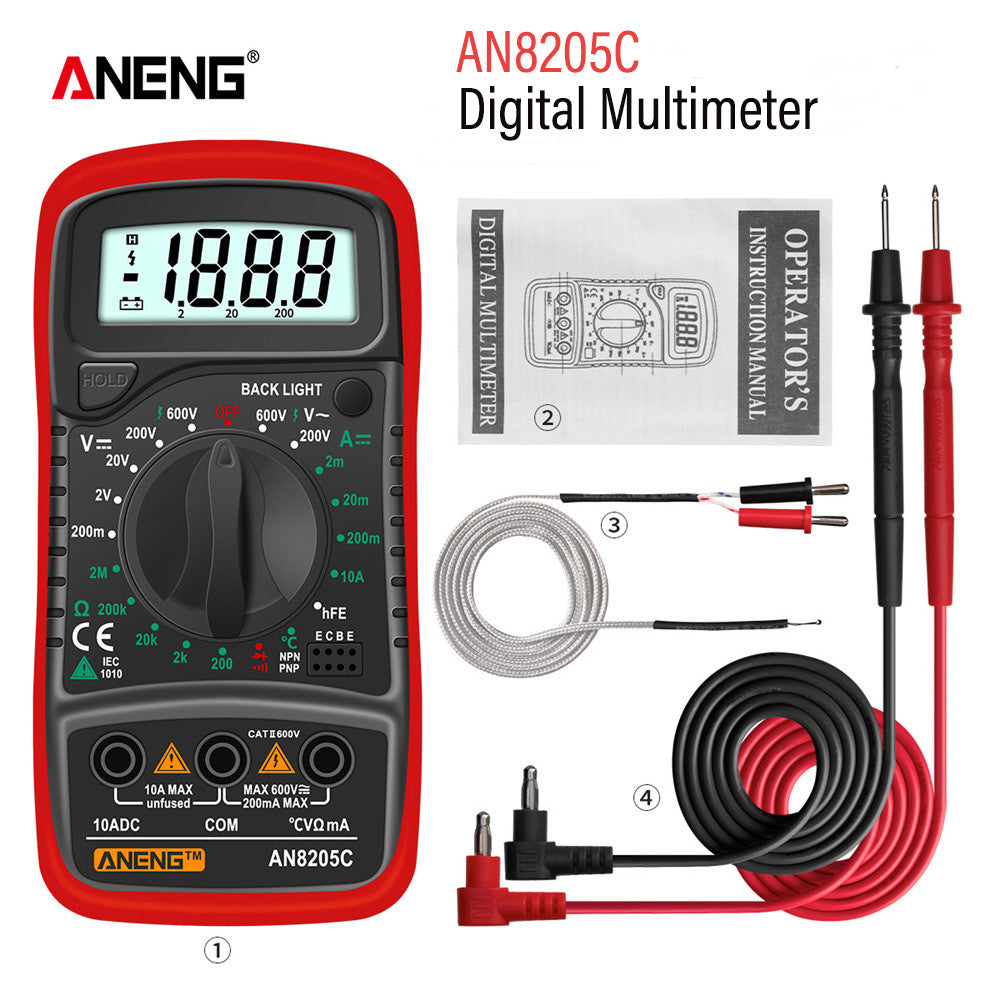 AN8205C Portable Digital Multimeter with backlight and AC/DC ammeter, voltmeter, ohmmeter, and thermocouple.