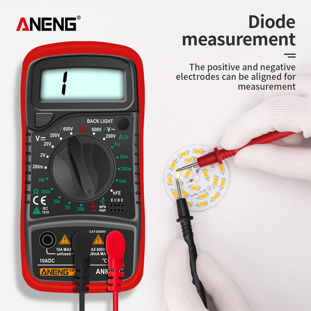 AN8205C Portable Digital Multimeter with backlight and AC/DC ammeter, voltmeter, ohmmeter, and thermocouple.