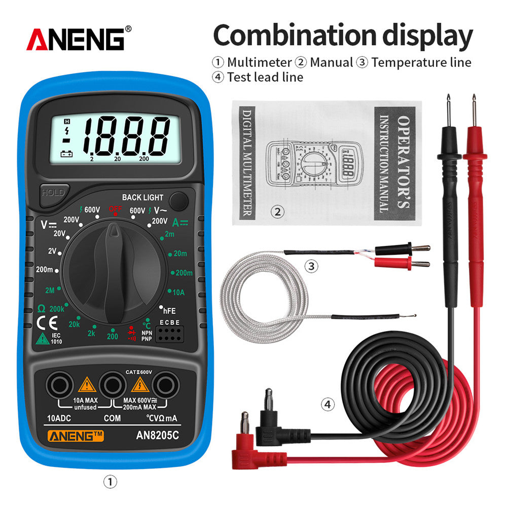 AN8205C Portable Digital Multimeter with backlight and AC/DC ammeter, voltmeter, ohmmeter, and thermocouple.