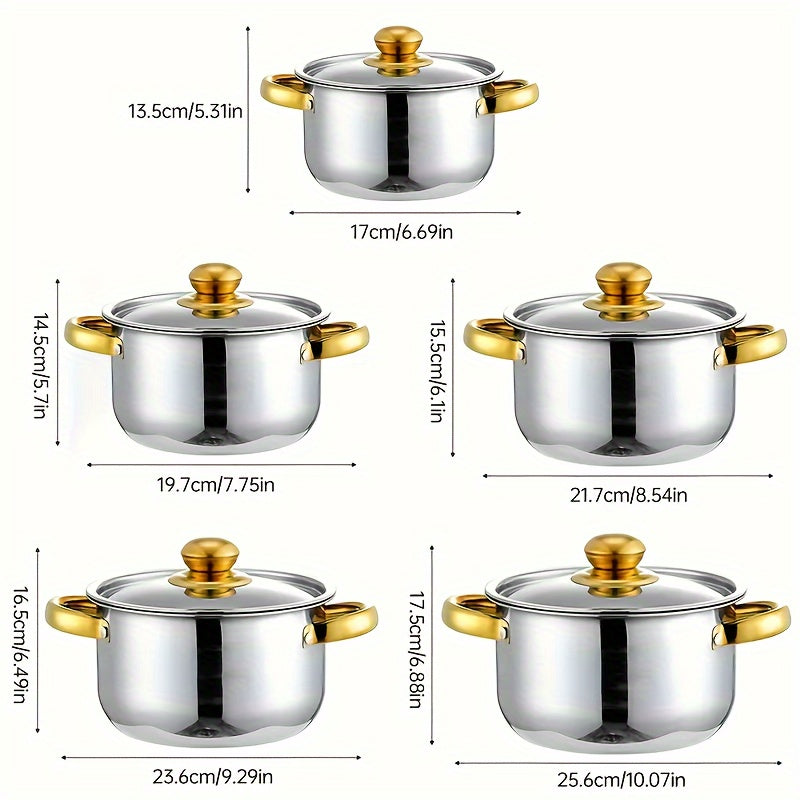 Set of 12 Stainless Steel Cookware Pieces with Glass Lids - Suitable for Gas Stoves, Durable Heat-Resistant Handles for Home & Restaurant Cooking