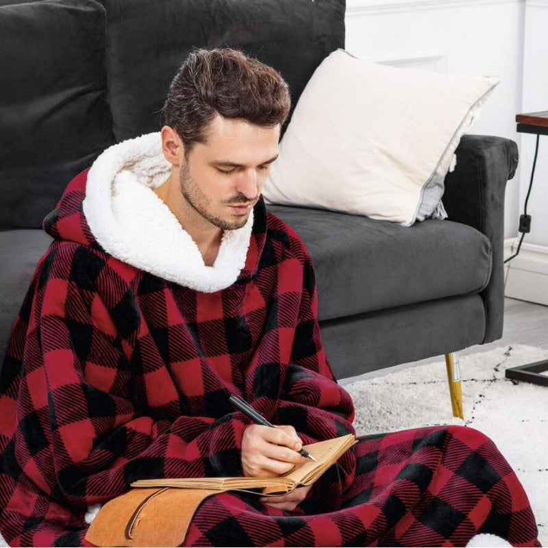 Oversized Flannel Blanket with Sleeves - Stay Cozy in Contemporary Style, Stain Resistant, Easy to Clean, Hooded Polyester Fleece Blanket for Men and Women, 300-350gsm