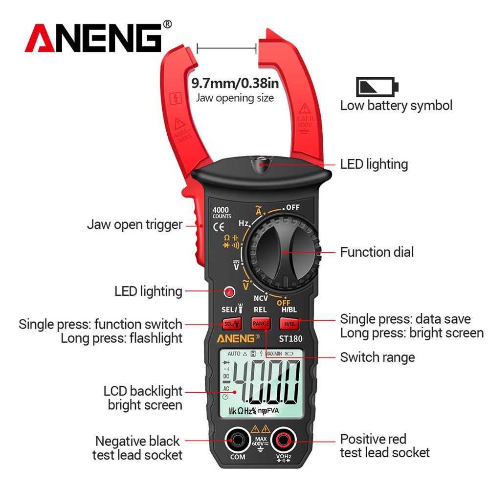 ANENG ST180 is a 4000 count digital clamp meter for measuring AC current, voltage, frequency, capacitance, and resistance, as well as testing car amps and non-contact voltage.