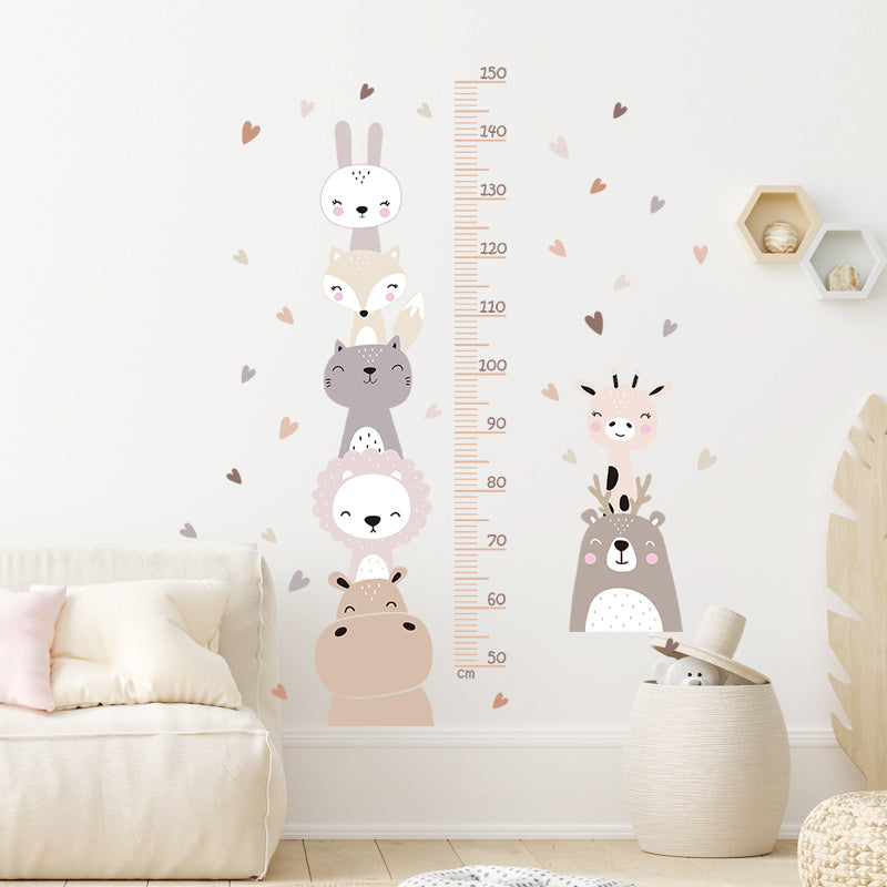 Boho chic animal height chart decal in orange with bear and lion design. Removable PVC sticker for bedroom decor.