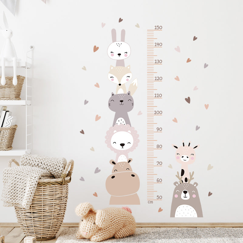 Boho chic animal height chart decal in orange with bear and lion design. Removable PVC sticker for bedroom decor.