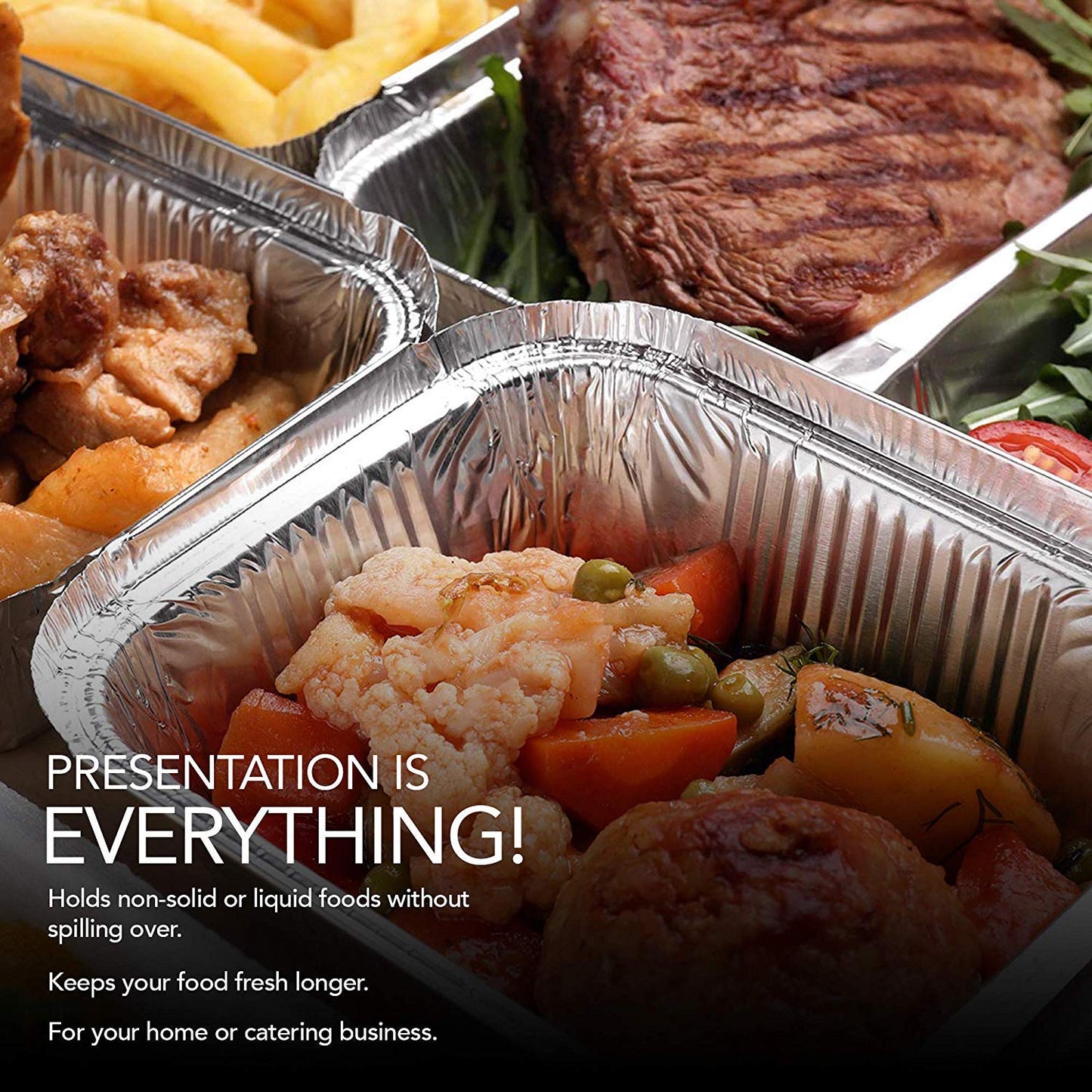 Get a set of 10, 25, or 50 Aluminum Pans Take Out Containers with Foil Oblong Pans and Cardboard Lids. These 1 Lb Tin Pans are perfect for cooking, baking, and meal prep. They are disposable food storage containers that make your life easier.