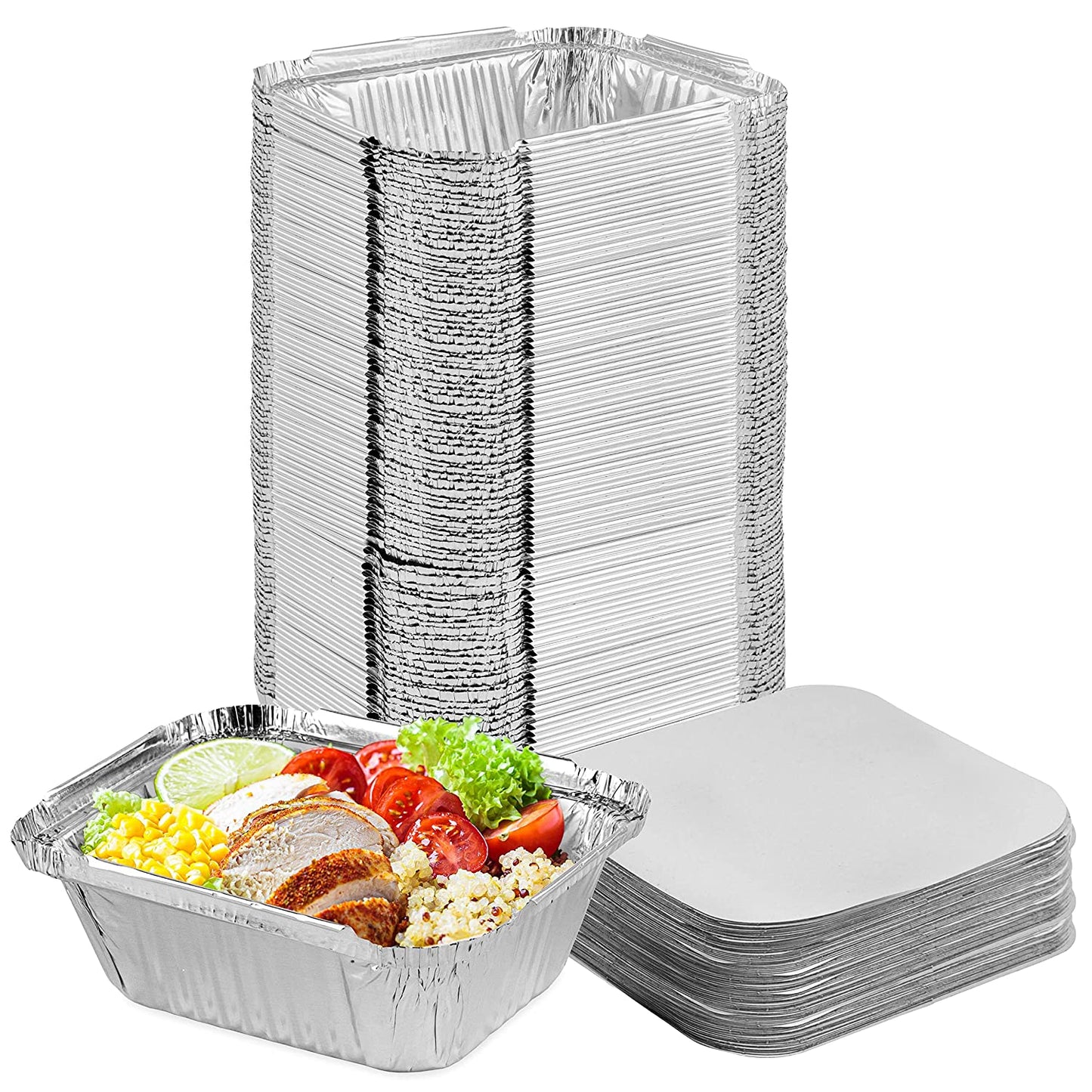 Get a set of 10, 25, or 50 Aluminum Pans Take Out Containers with Foil Oblong Pans and Cardboard Lids. These 1 Lb Tin Pans are perfect for cooking, baking, and meal prep. They are disposable food storage containers that make your life easier.