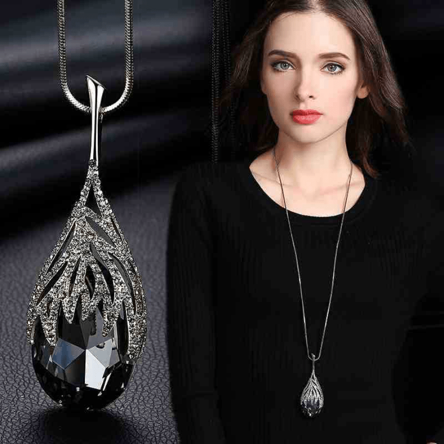 Chic Waterdrop Zirconia Pendant Necklace with Sweater Chain - Stylish Geometric Clothing Accessory for All Occasions