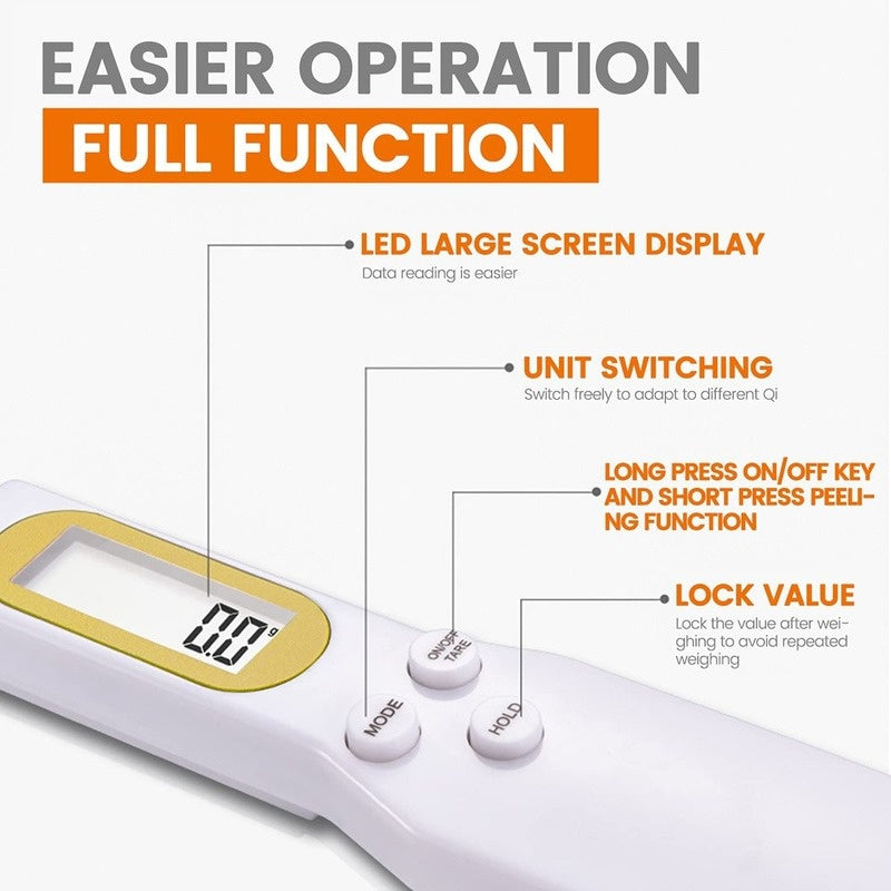 Accurate digital kitchen scale spoon with LCD display, precision range of 0.1g-500g, ideal for cooking, baking, and portion control. Powered by button batteries.