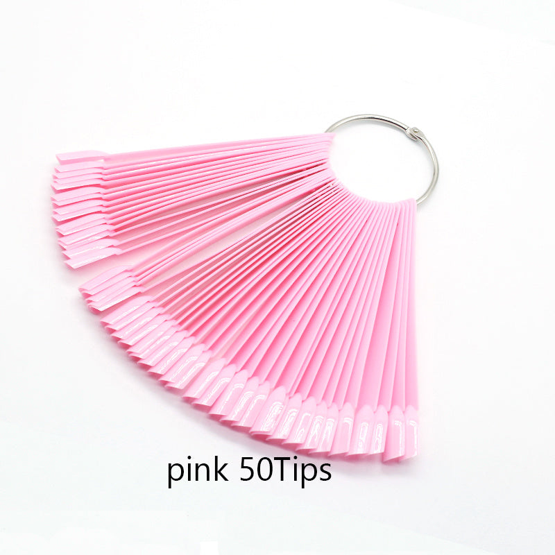 Set of 50 fan shaped nail art practice sticks for displaying nail polish swatches.