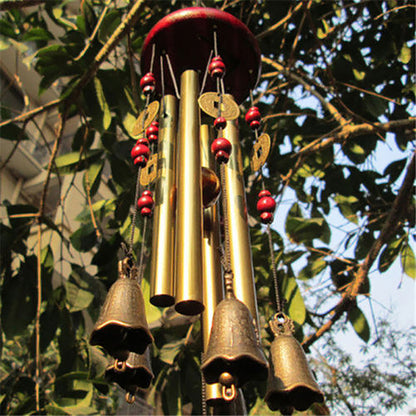 Antique-style metal wind chimes with copper bells for garden decor, ages 12-14.