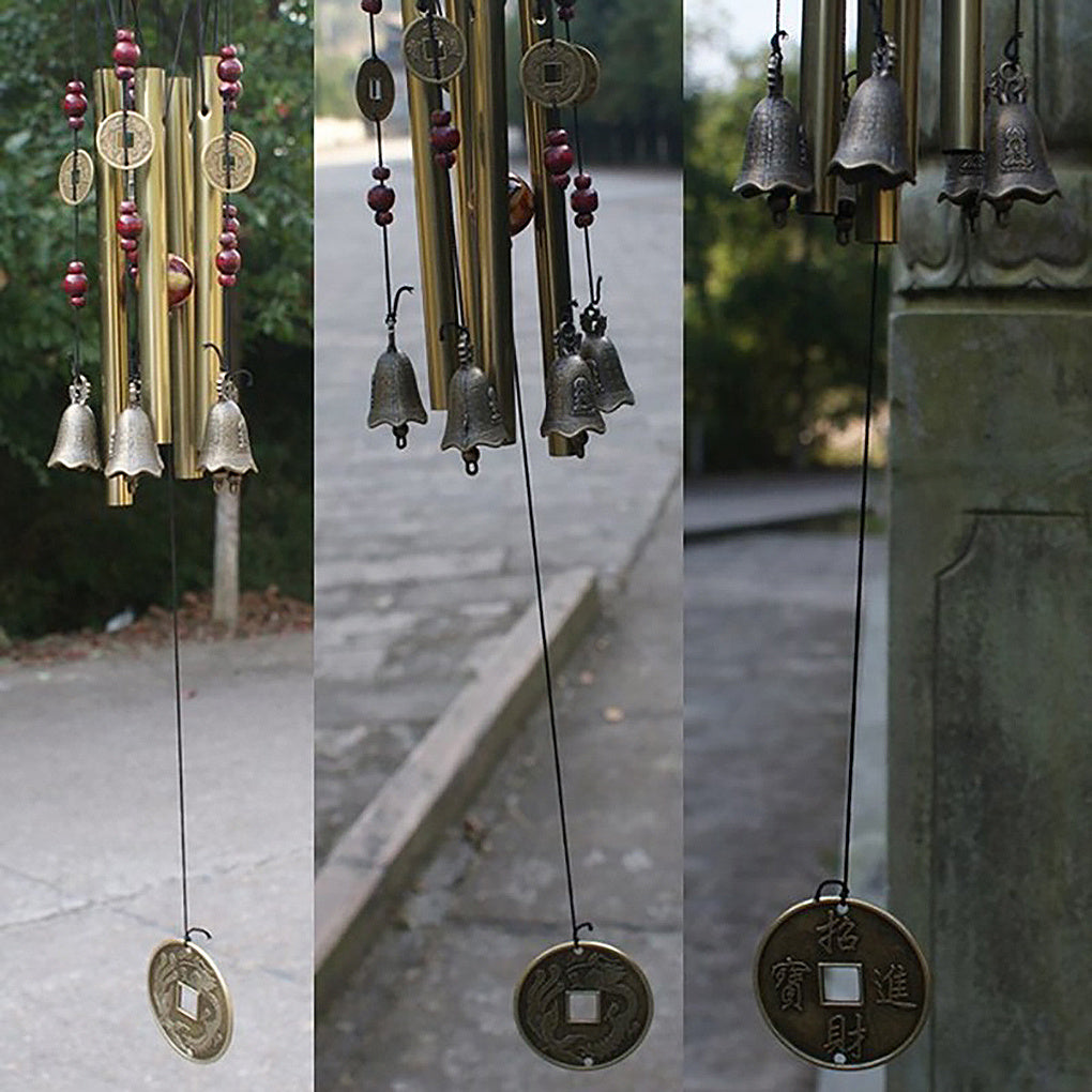 Antique-style metal wind chimes with copper bells for garden decor, ages 12-14.