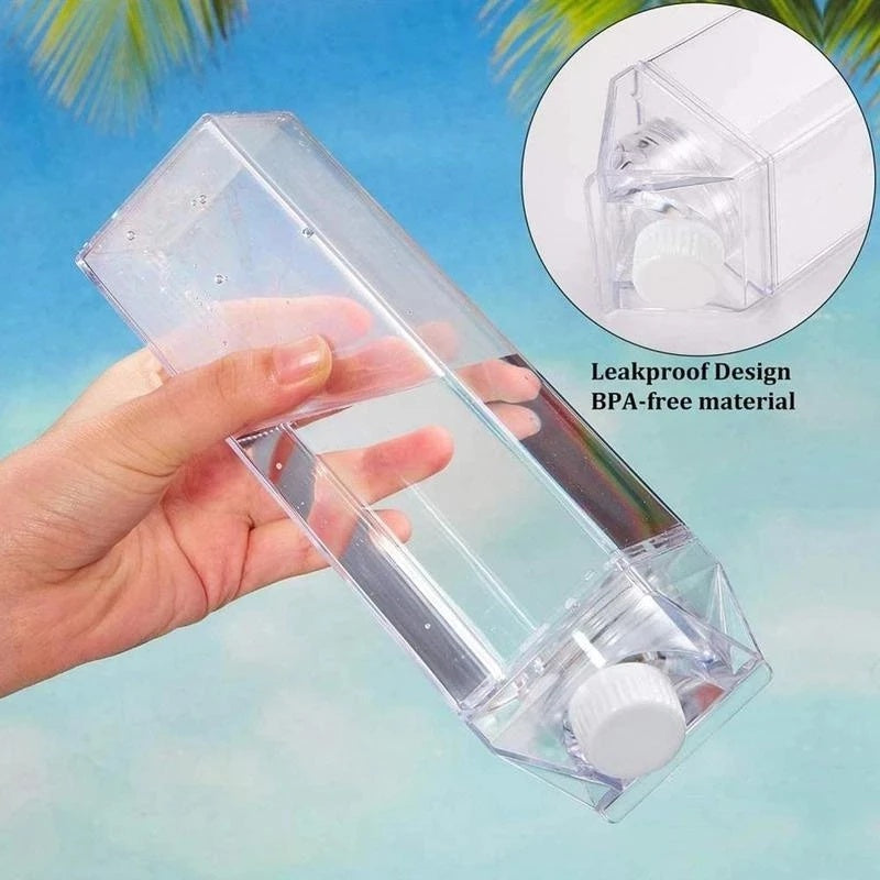 Durable, leak-proof square milk carton water bottle, BPA-free plastic, dishwasher safe for travel and kitchen use, available in 16.9oz or 33.8oz sizes.