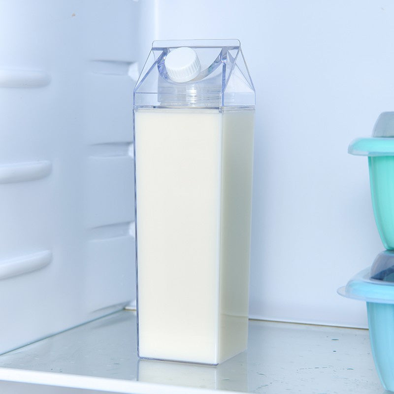 Durable, leak-proof square milk carton water bottle, BPA-free plastic, dishwasher safe for travel and kitchen use, available in 16.9oz or 33.8oz sizes.