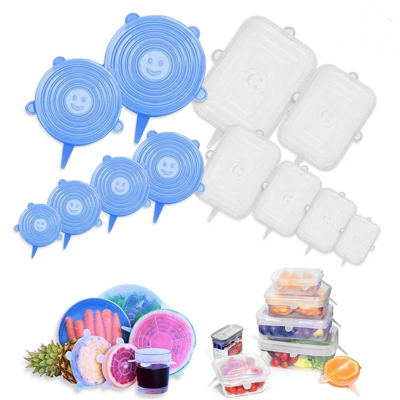 Set of 6 silicone stretch lids, designed to be washable and reusable. They fit a variety of sizes of food containers, serving as bowl covers and providing a tight seal.