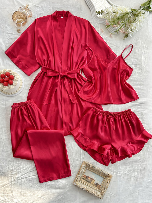 Satin 4-piece sleepwear set for women includes V-neck robe, top, shorts, and long pants in solid color. Made from 100% polyester, suitable for all seasons.